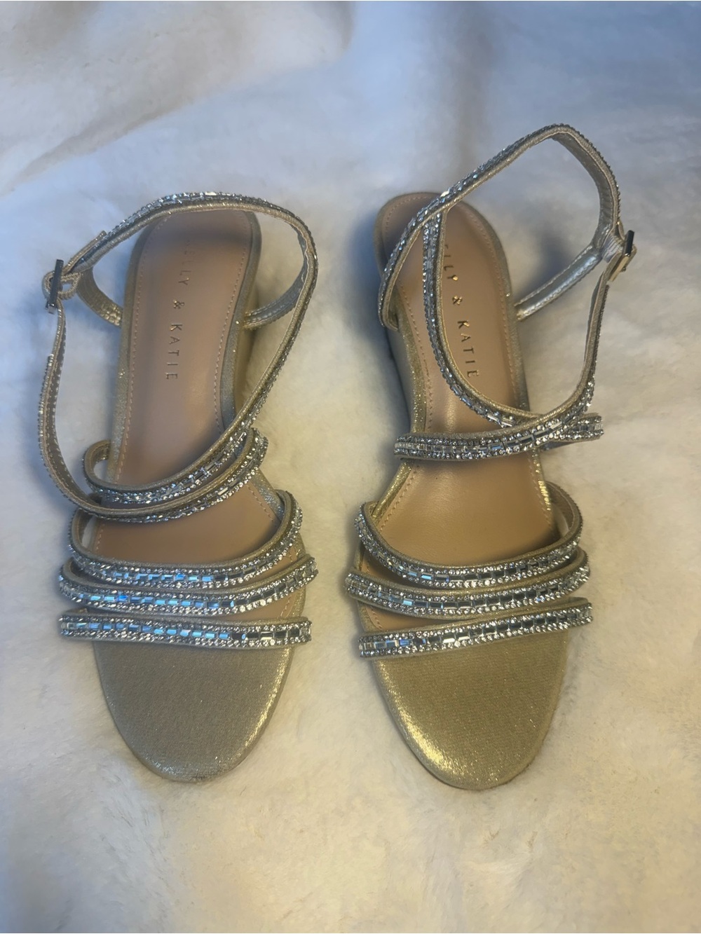 Kelly & Katie Gold Rhinestone Strappy Sandals with low wedge heel Size 7